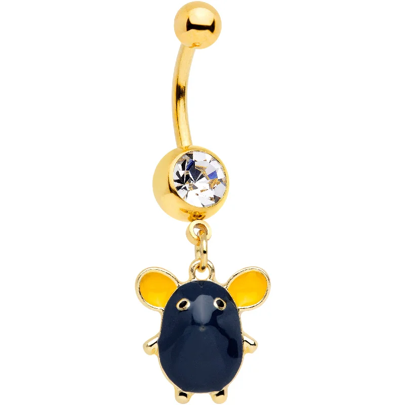 Designer Belly Rings for Elegant Style -Clear Gem Gold Tone Black Mouse Dangle Belly Ring Designer Belly Rings for Elegant Style -Clear Gem Gold Tone Black Mouse Dangle Belly Ring