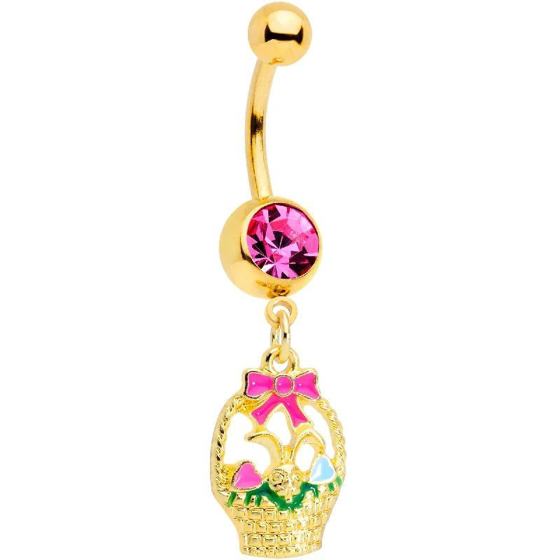 Belly Rings with Vibrant Gemstone Colors -Pink Gem Gold Tone Easter Basket Dangle Belly Ring Belly Rings with Vibrant Gemstone Colors -Pink Gem Gold Tone Easter Basket Dangle Belly Ring