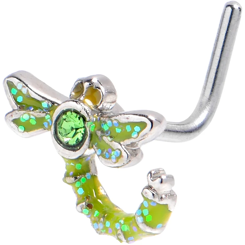 Nose Rings with Blue Sapphire -20 Gauge 7mm Green Gem Glitter Dragonfly L Shape Nose Ring Nose Rings with Blue Sapphire -20 Gauge 7mm Green Gem Glitter Dragonfly L Shape Nose Ring