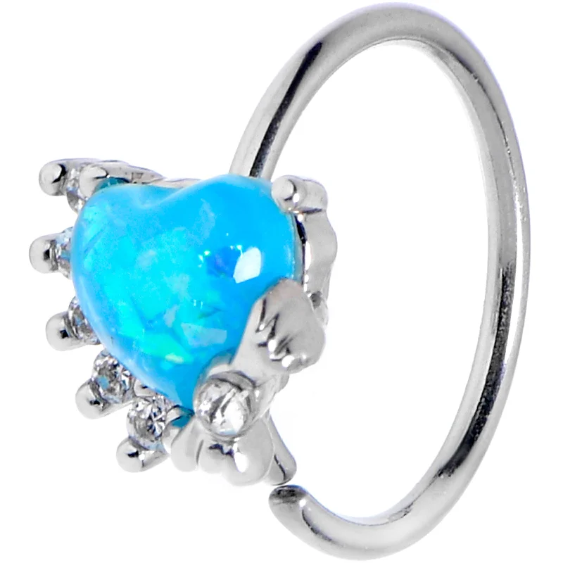 Nose Rings for Unique Look -20 Gauge 5/16 Blue Faux Opal Sunny Heart Nose Hoop
