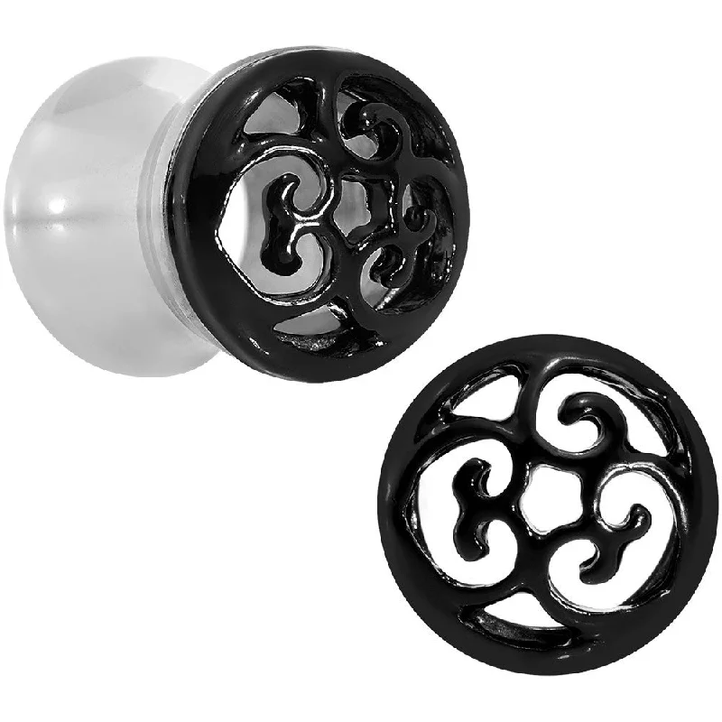 Women's Earrings – Elegant Designs for Every Personality--0 Gauge Steel Black Filigree Duet Heart Saddle Plug Set Women's Earrings – Elegant Designs for Every Personality--0 Gauge Steel Black Filigree Duet Heart Saddle Plug Set