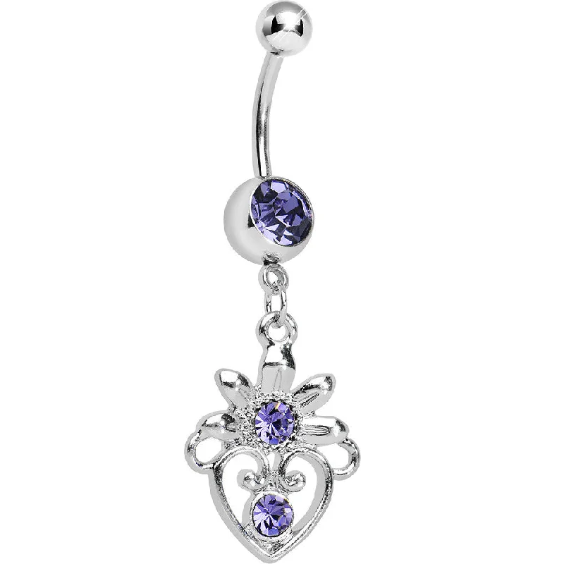 Stylish Belly Rings for Bold Statements -Purple Gem Noble Heart Dangle Belly Ring