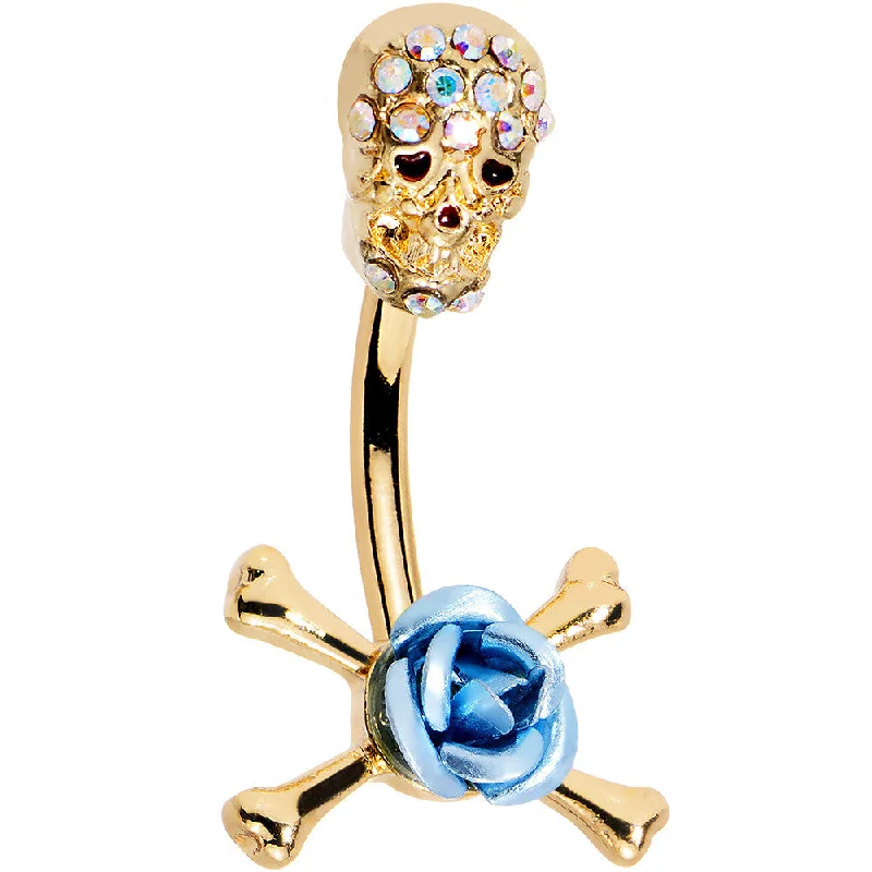 Belly Rings with Bold and Bright Stones -Aurora Gem Gold Anodized Skull Blue Rose Flower Double Mount Belly Ring Belly Rings with Bold and Bright Stones -Aurora Gem Gold Anodized Skull Blue Rose Flower Double Mount Belly Ring