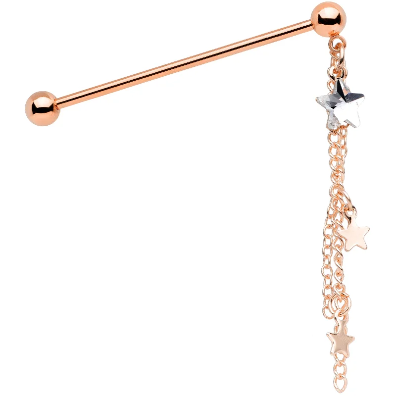 Women's Earrings – Elegant Designs for Every Personality--14 Gauge Clear Gem Rose Gold Tone Stars Dangle Industrial Barbell 38mm