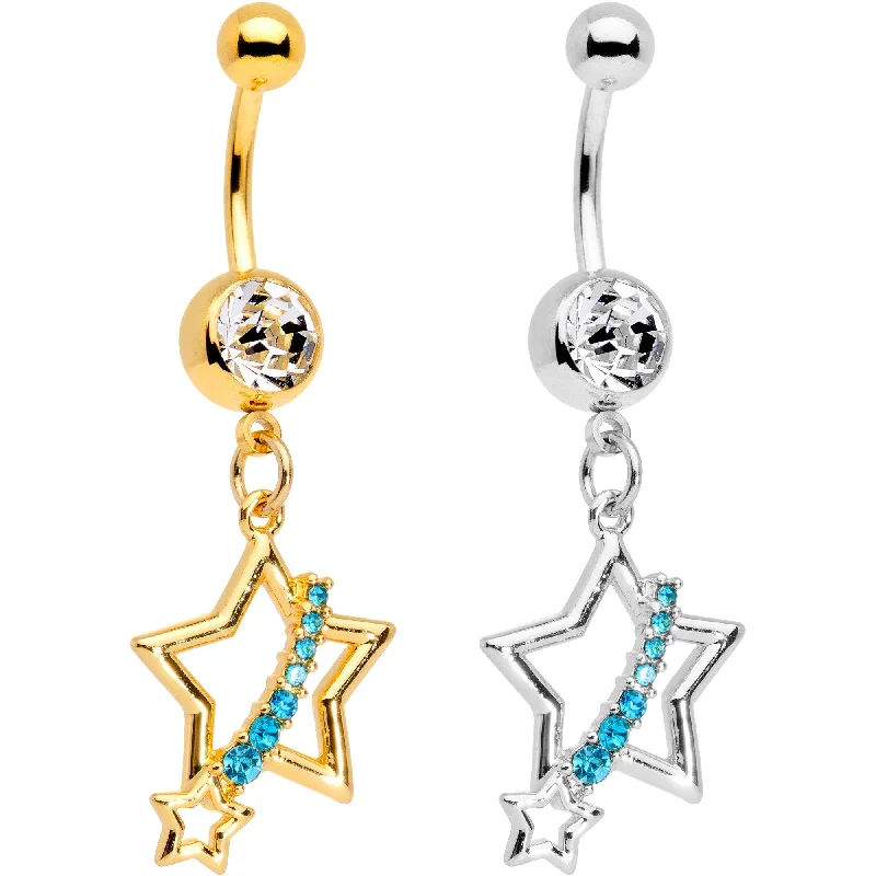 Comfortable Belly Rings for Fashion-Forward Women -Clear Aqua Gem Gold PVD Encrusted Star Belly Ring Set of 2 Comfortable Belly Rings for Fashion-Forward Women -Clear Aqua Gem Gold PVD Encrusted Star Belly Ring Set of 2