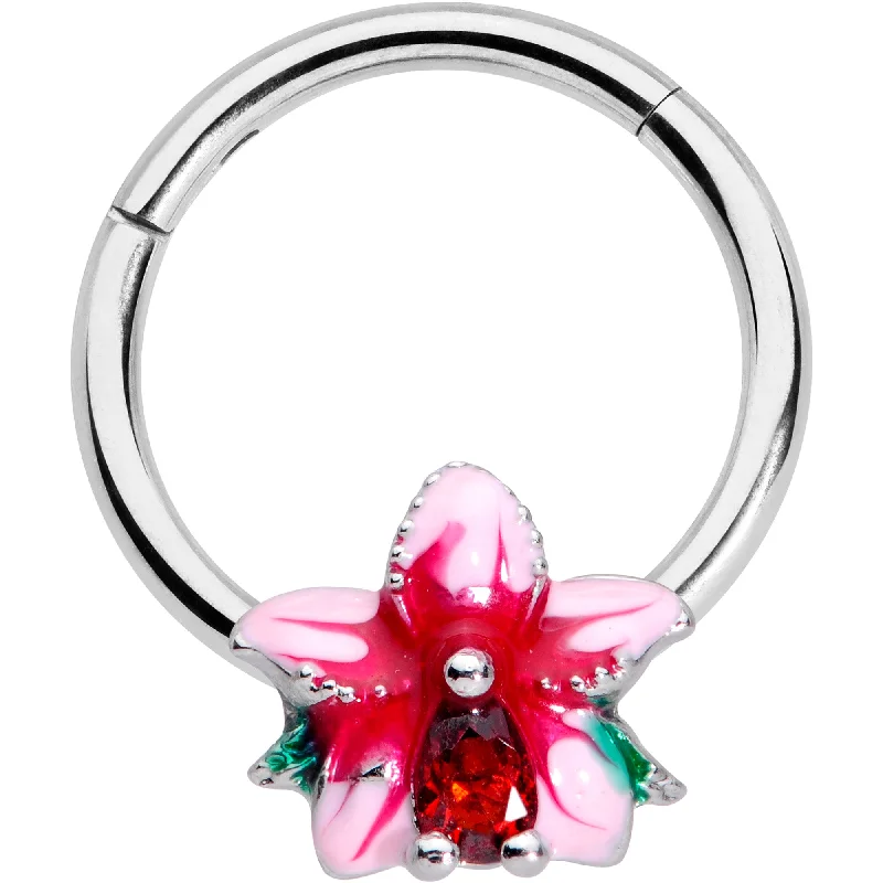 Nose Rings for All Fashion Styles -16 Gauge 3/8 Red Gem Exotic Flower Hinged Segment Ring Nose Rings for All Fashion Styles -16 Gauge 3/8 Red Gem Exotic Flower Hinged Segment Ring