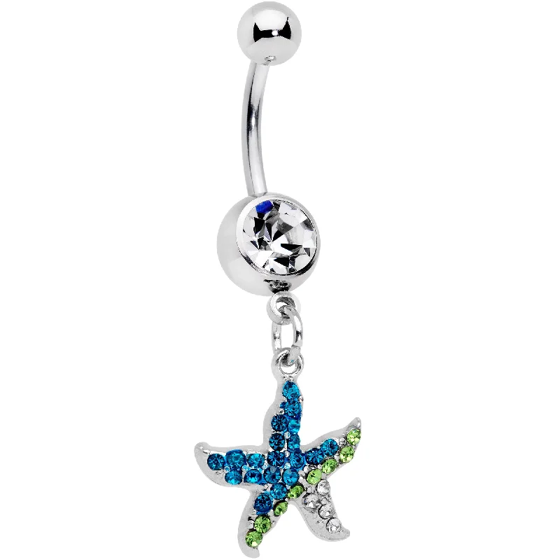 Trendy Belly Rings for Everyday Fashion -Clear Blue Green Gem Glam Starfish Dangle Belly Ring Trendy Belly Rings for Everyday Fashion -Clear Blue Green Gem Glam Starfish Dangle Belly Ring
