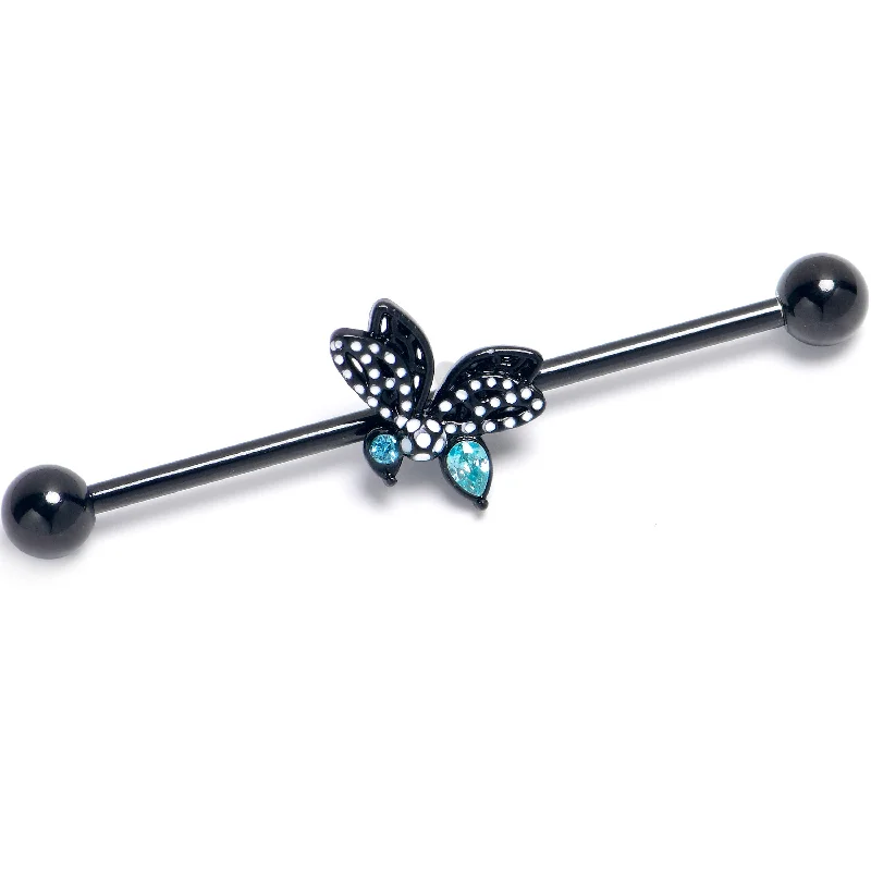Women's Earrings – Elegant Designs for Every Personality--14 Gauge Blue CZ Gem Black Night Drama Butterfly Industrial Barbell 38mm