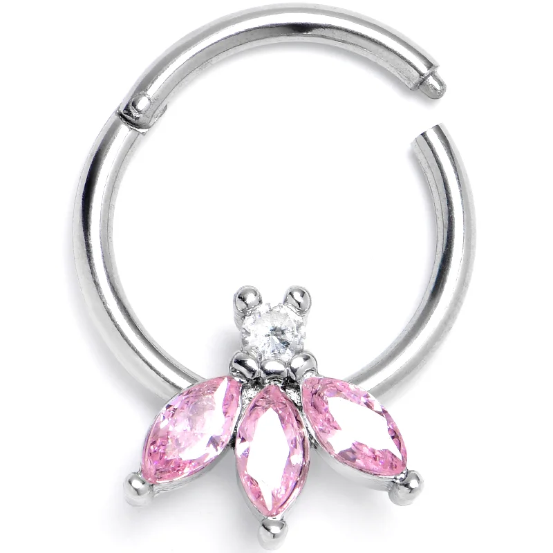 Plain Nose Rings -16 Gauge 3/8 Pink Gem Fashion Fan Mini Hinged Segment Ring