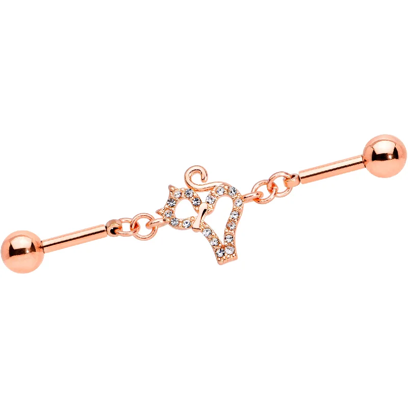 Women's Earrings – Elegant Designs for Every Personality--14 Gauge Clear Gem Rose Gold Tone Cat Double Industrial Barbell 40mm