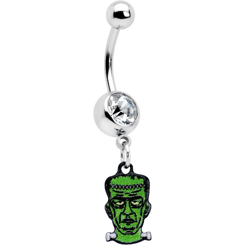 Comfortable Belly Rings for All-Day Wear -Clear Gem Frankenstein Head Green Glow in the Dark Dangle Belly Ring Comfortable Belly Rings for All-Day Wear -Clear Gem Frankenstein Head Green Glow in the Dark Dangle Belly Ring