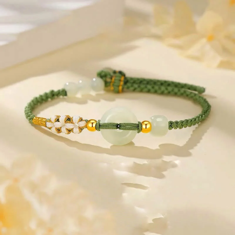 Women's Bangles with Swarovski Crystals-Buddha Stones Hetian Jade Peace Buckle Luck Peach Blossom Braided Bracelet