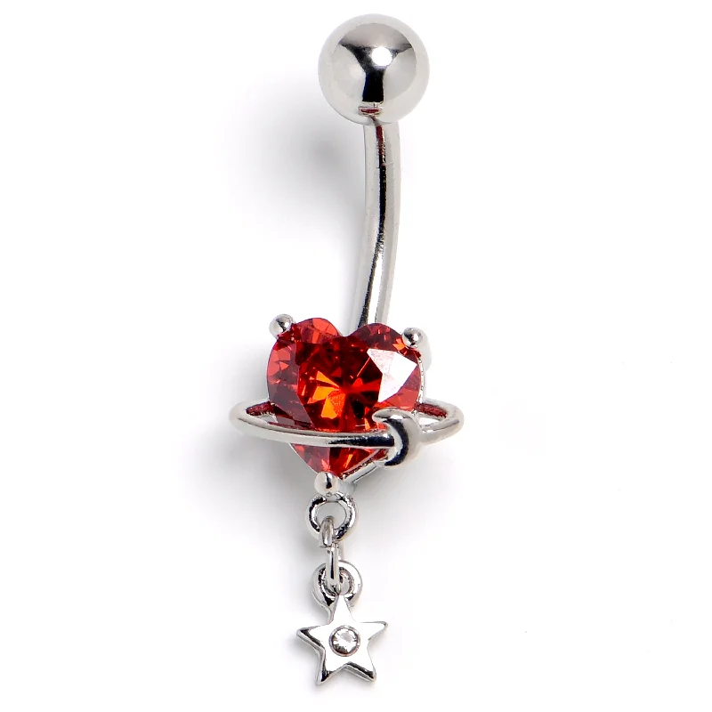 Belly Rings with Colorful Gemstones for Extra Shine -CZ Gem Red Celestial Starry Heart Dangle Belly Ring Belly Rings with Colorful Gemstones for Extra Shine -CZ Gem Red Celestial Starry Heart Dangle Belly Ring