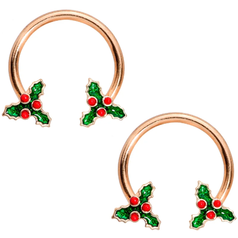 Bold Lip Rings for Dramatic Effect14 Gauge 9/16 Rose Gold Tone Holly Christmas Horseshoe Nipple Ring Set Bold Lip Rings for Dramatic Effect14 Gauge 9/16 Rose Gold Tone Holly Christmas Horseshoe Nipple Ring Set