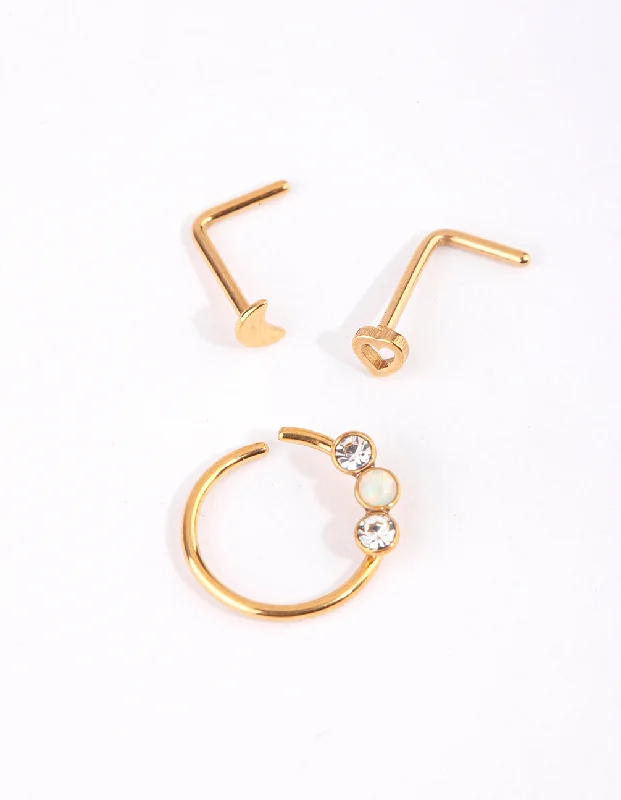 Nose Rings with Butterfly Design -Gold Surgical Steel Heart & Moon Nose Studs