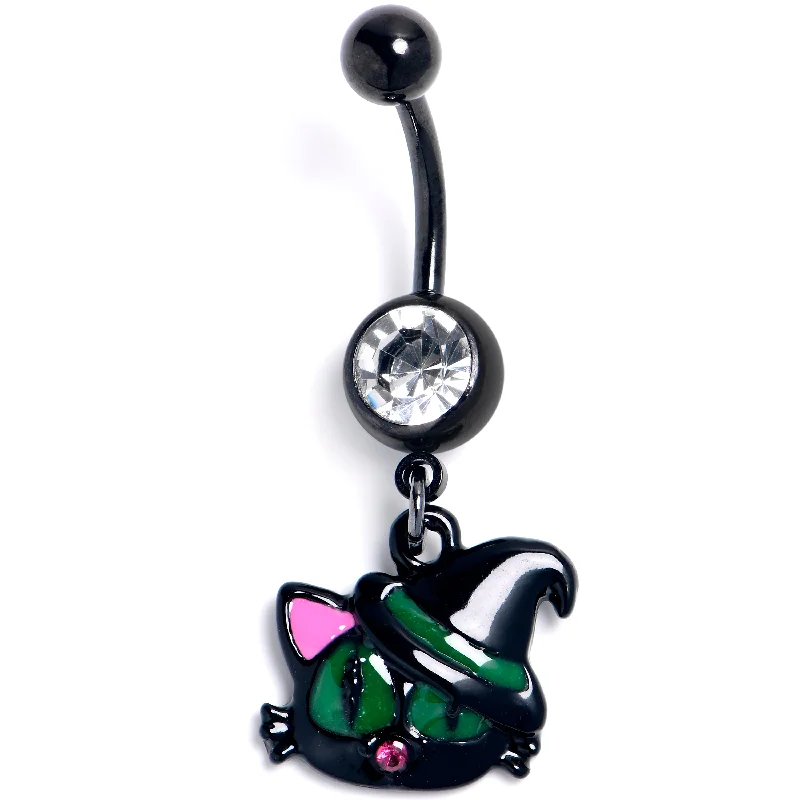 Trendy Belly Rings for Everyday Fashion -Clear Pink Gem Black Halloween Hat Cat Dangle Belly Ring Trendy Belly Rings for Everyday Fashion -Clear Pink Gem Black Halloween Hat Cat Dangle Belly Ring