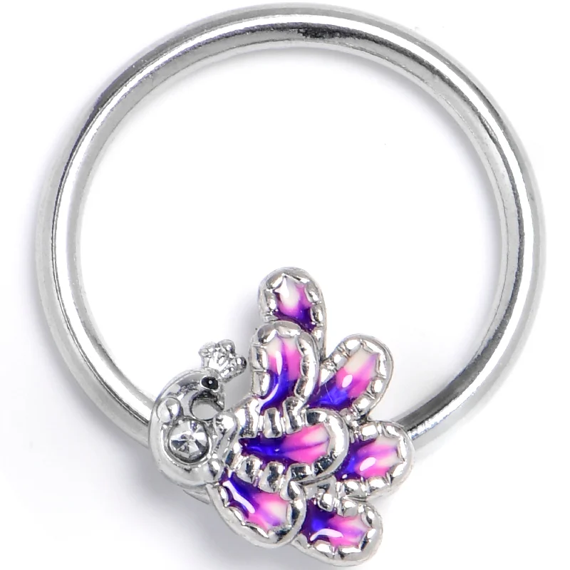 Nose Rings with Pearls and Gems -16 Gauge 3/8 Clear Gem Peacock Purple BCR Captive Ring Nose Rings with Pearls and Gems -16 Gauge 3/8 Clear Gem Peacock Purple BCR Captive Ring