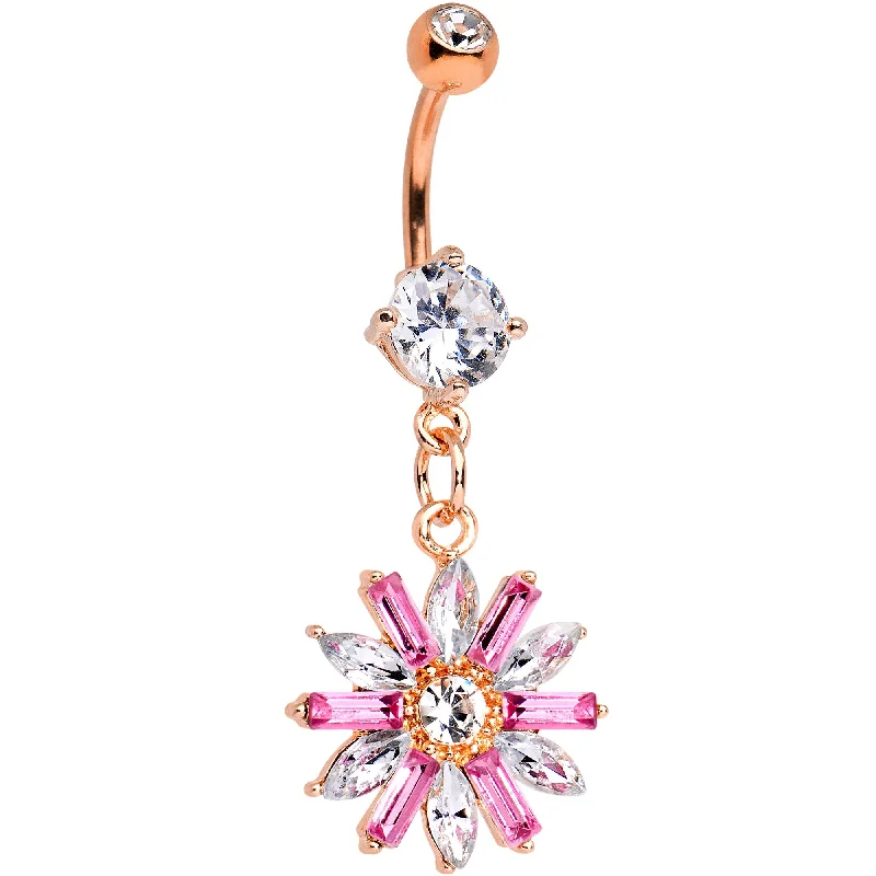 Trendy Belly Rings with Shiny Touch -Pink CZ Gem Rose Gold Tone Anodized Fancy Flower Dangle Belly Ring Trendy Belly Rings with Shiny Touch -Pink CZ Gem Rose Gold Tone Anodized Fancy Flower Dangle Belly Ring