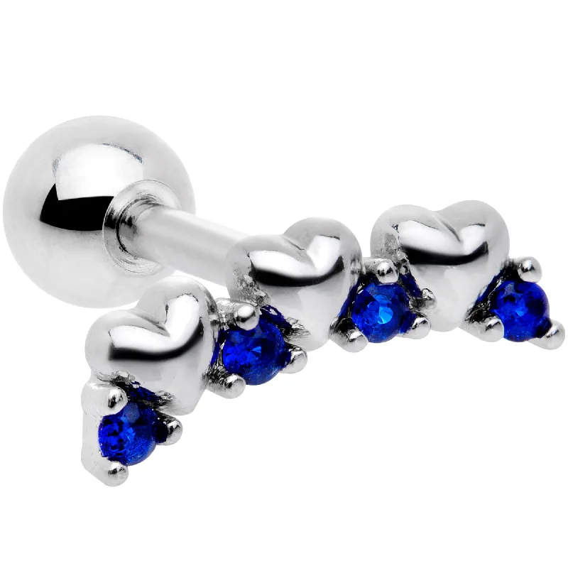 Women's Earrings – Elegant Designs for Every Personality--16 Gauge 1/4 Blue CZ Gem Tiny Hearts Cartilage Tragus Earring