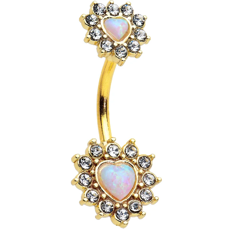 Trendy Belly Rings for Statement Fashion -White Synthetic Opal Gold Tone Heart Sun Double Mount Belly Ring Trendy Belly Rings for Statement Fashion -White Synthetic Opal Gold Tone Heart Sun Double Mount Belly Ring