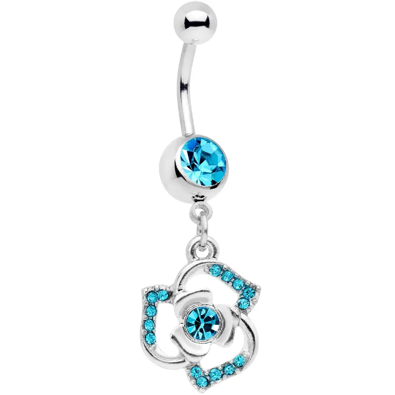 Comfortable Belly Rings for Unique Fashion -Aqua Gem Single Rose Flower Dangle Belly Ring Comfortable Belly Rings for Unique Fashion -Aqua Gem Single Rose Flower Dangle Belly Ring