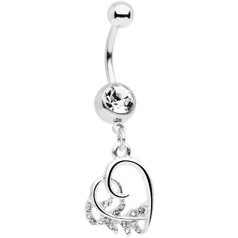 Belly Rings for Trendy Looks -Clear Gem Scrolling Embellished Heart Dangle Belly Ring Belly Rings for Trendy Looks -Clear Gem Scrolling Embellished Heart Dangle Belly Ring