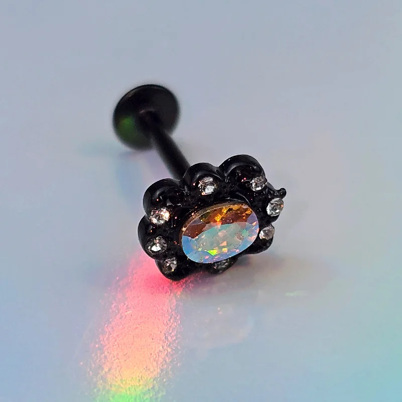 Women's Earrings – Elegant Designs for Every Personality--16 Gauge 5/16 Aurora Gem Black Filigree Fantasy Labret Monroe Tragus