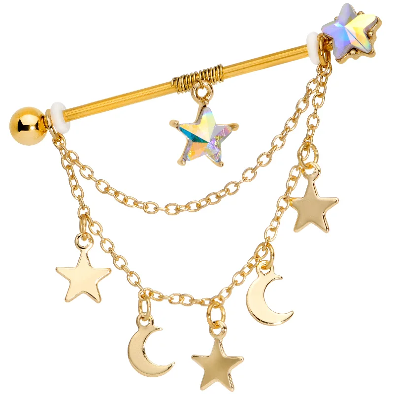 Women's Earrings – Elegant Designs for Every Personality--14 Gauge Aurora Gem Gold Tone Moon Star Dangle Industrial Barbell 38mm
