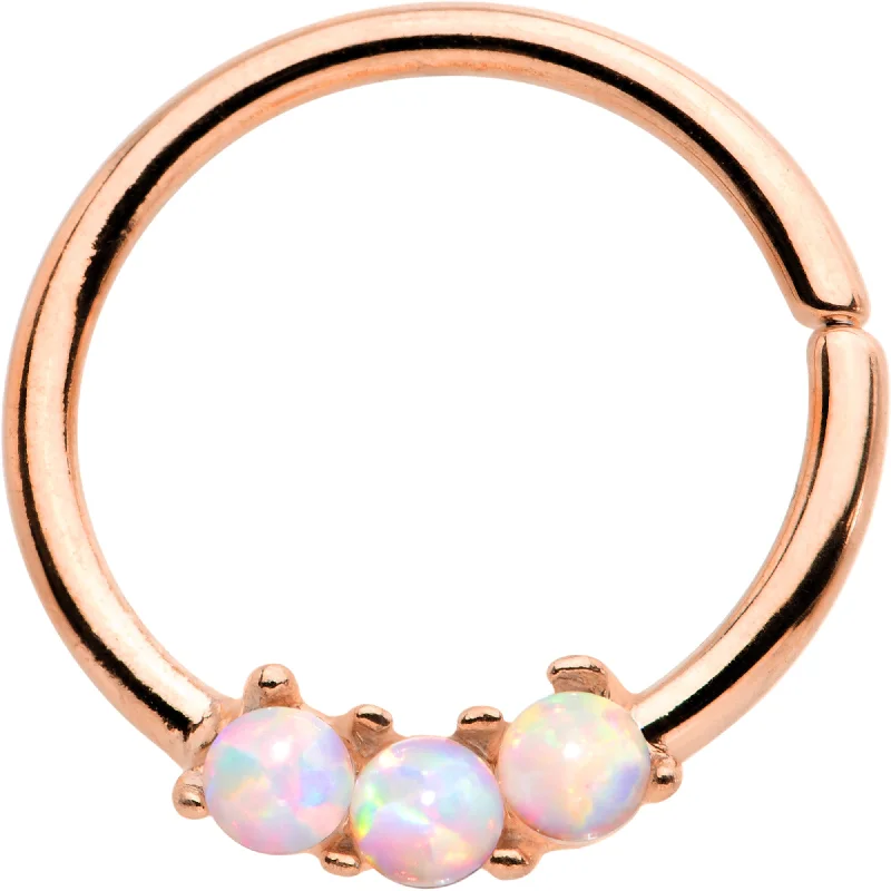 Nose Rings with Sparkling Gem Details -16 Gauge White Synthetic Opal Trio Rose Gold IP Annealed Circular Ring