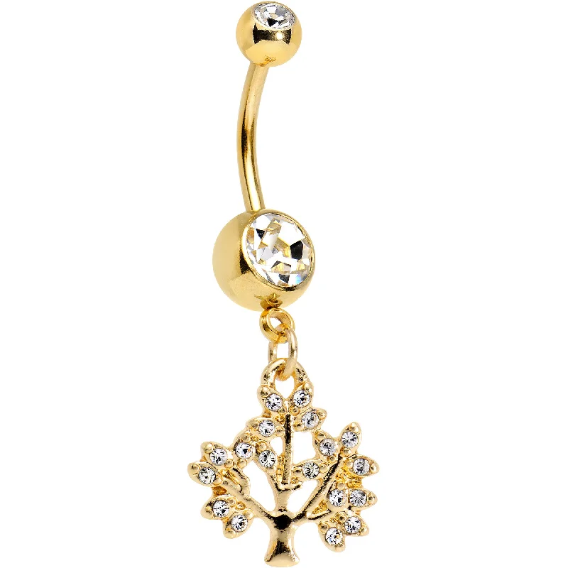 Comfortable Belly Rings with Vibrant Shine -Clear Gem Gold Anodized Tree of Life Dangle Belly Ring Comfortable Belly Rings with Vibrant Shine -Clear Gem Gold Anodized Tree of Life Dangle Belly Ring