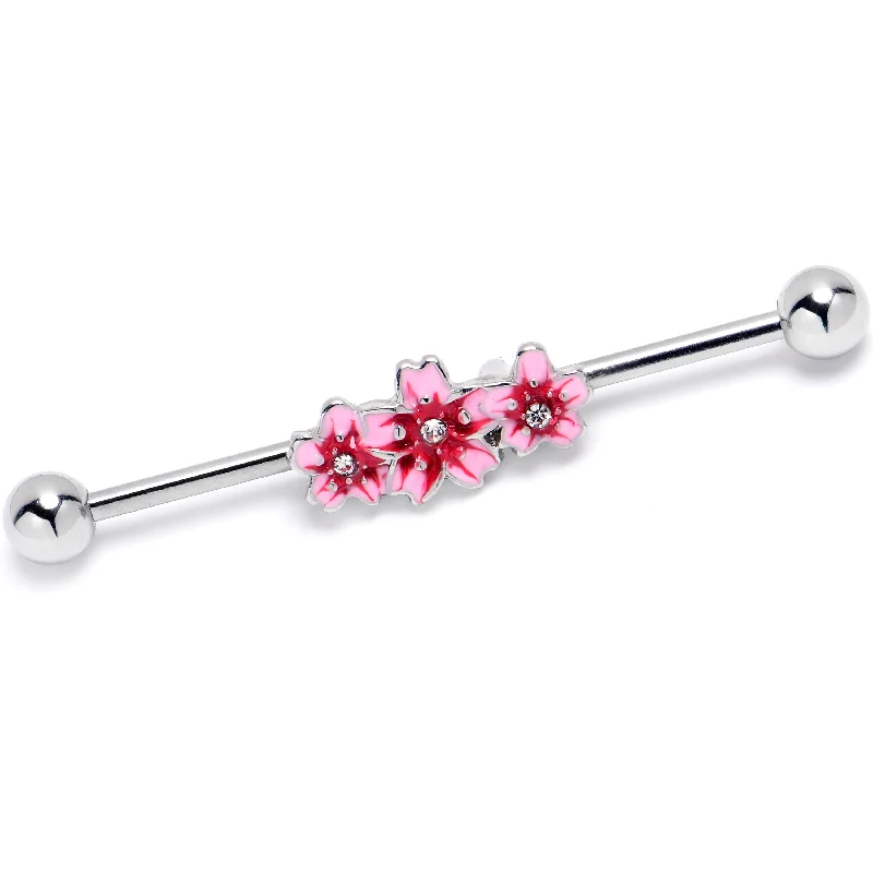 Women's Earrings – Elegant Designs for Every Personality--14 Gauge Clear Gem Perfect Pink Flower Trio Industrial Barbell 38mm