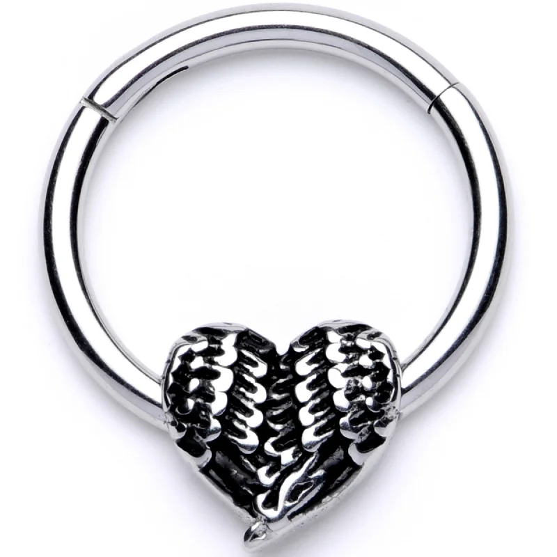 Beautiful Lip Rings with Shiny Stones16 Gauge 3/8 Textured Geometric Heart Hinged Segment Ring