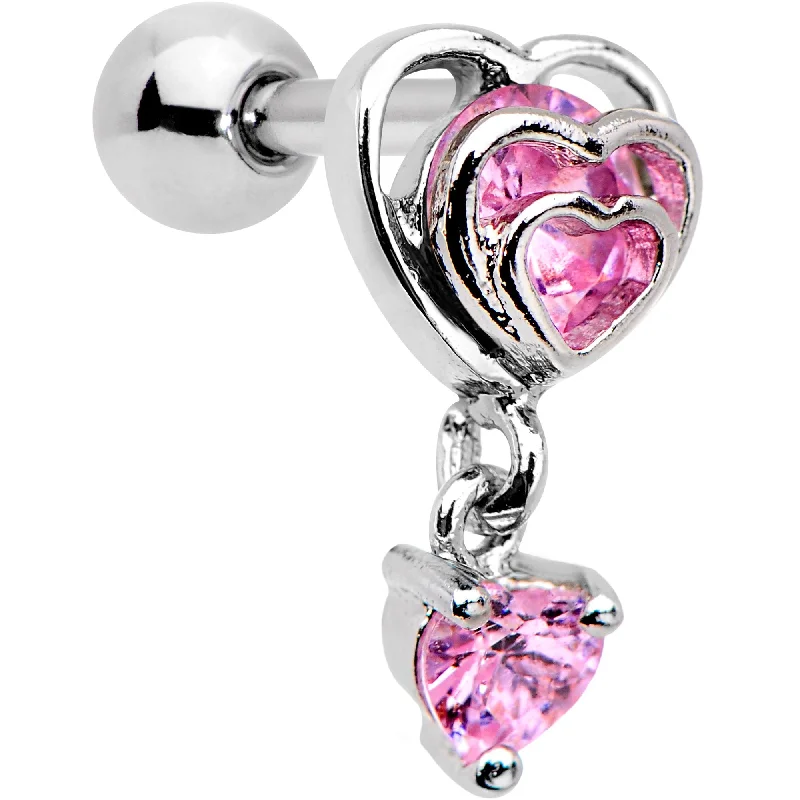 Women's Earrings – Elegant Designs for Every Personality--16 Gauge 1/4 Pink CZ Gem Triple Heart Dangle Cartilage Tragus Earring Women's Earrings – Elegant Designs for Every Personality--16 Gauge 1/4 Pink CZ Gem Triple Heart Dangle Cartilage Tragus Earring