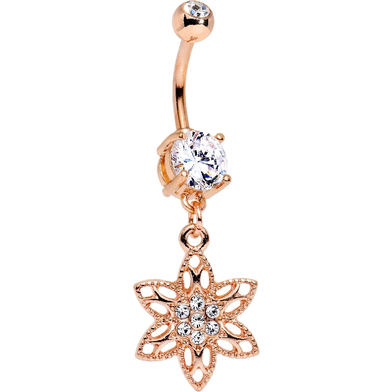 Comfortable Belly Rings with Elegant Touch -Clear Gem Rose Gold Anodized Star Flower Dangle Belly Ring Comfortable Belly Rings with Elegant Touch -Clear Gem Rose Gold Anodized Star Flower Dangle Belly Ring