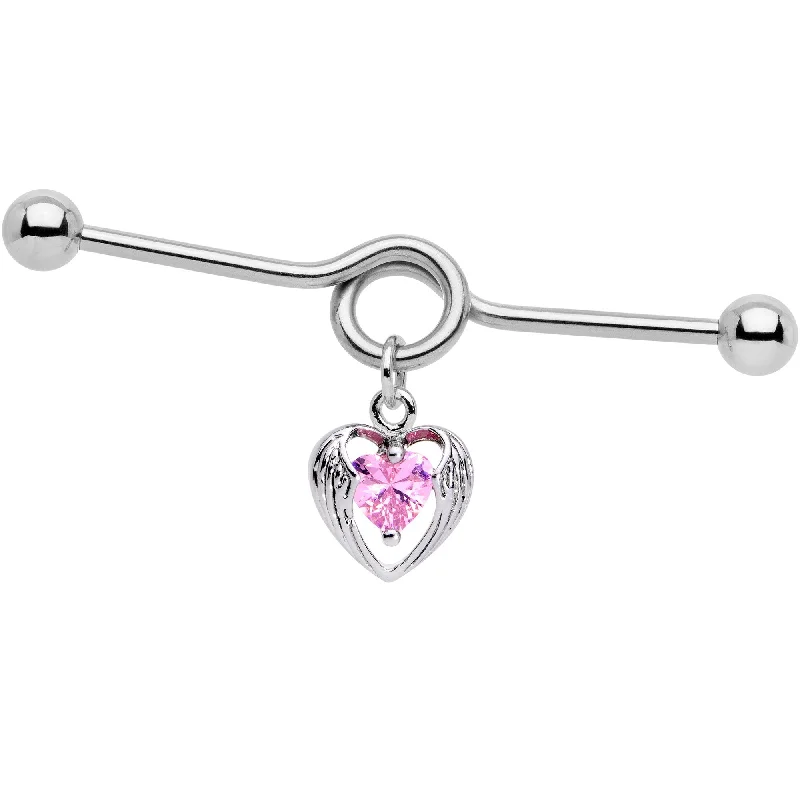 Women's Earrings – Elegant Designs for Every Personality--Pink CZ Hugged Heart Industrial Barbell 38mm