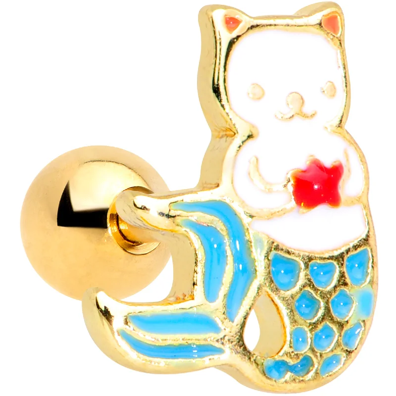 Women's Earrings – Elegant Designs for Every Personality--16 Gauge 1/4 Gold Tone Blue White Mermaid Cat Cartilage Tragus