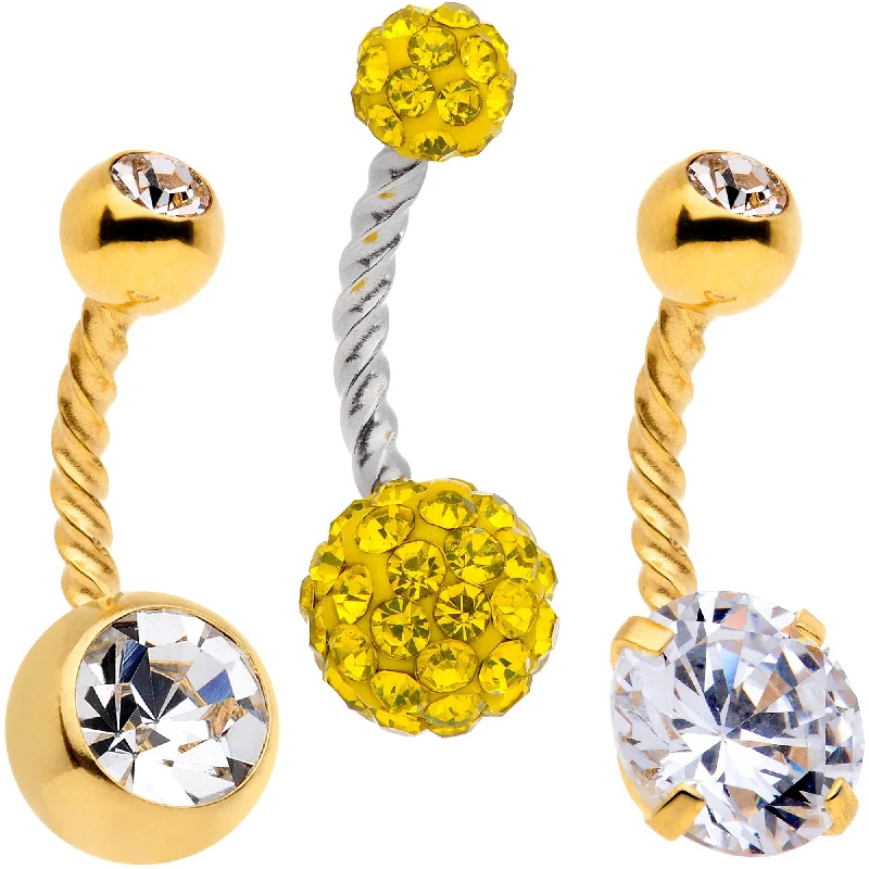 Trendy Belly Rings for Bold Fashion -Clear Yellow Gem Gold Tone Thoroughly Twisted Belly Ring Set of 3 Trendy Belly Rings for Bold Fashion -Clear Yellow Gem Gold Tone Thoroughly Twisted Belly Ring Set of 3