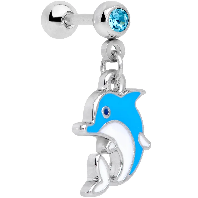 Women's Earrings – Elegant Designs for Every Personality--16 Gauge 1/4 Aqua Gem Blue Dolphin Dangle Cartilage Tragus Earring