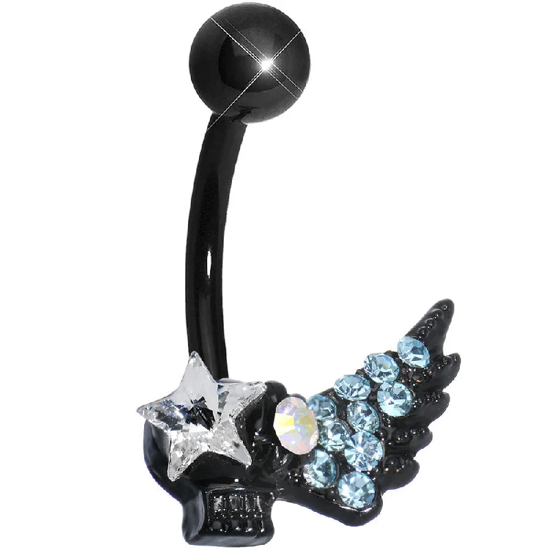 Belly Rings for Special Events -Aqua Gem Rock Star Shimmering Wing Black Skull Belly Ring Belly Rings for Special Events -Aqua Gem Rock Star Shimmering Wing Black Skull Belly Ring