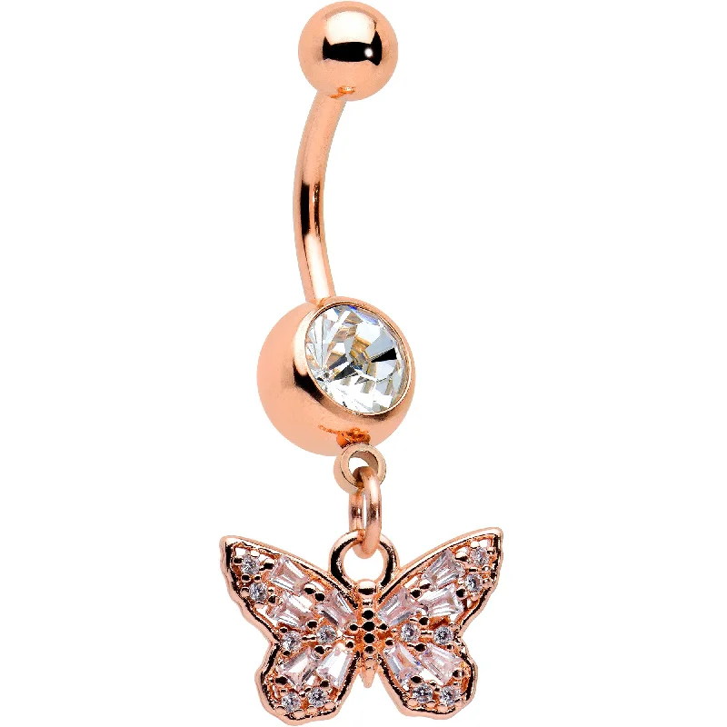Belly Rings with Elegant Detailing for Fashionistas -Clear Gem Rose Gold Tone Baroque Butterfly Rococo Dangle Belly Ring Belly Rings with Elegant Detailing for Fashionistas -Clear Gem Rose Gold Tone Baroque Butterfly Rococo Dangle Belly Ring