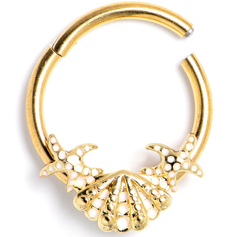 Women's Earrings – Elegant Designs for Every Personality--16 Gauge 3/8 Gold Tone Luxe Sea Shell Glam Starfish Hinged Segment RIng Women's Earrings – Elegant Designs for Every Personality--16 Gauge 3/8 Gold Tone Luxe Sea Shell Glam Starfish Hinged Segment RIng