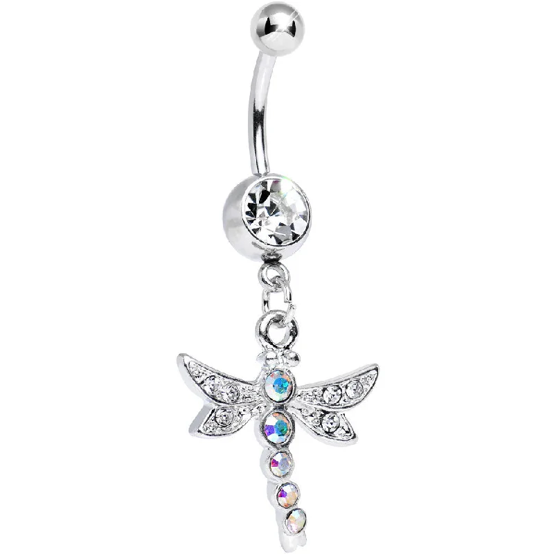 Unique Belly Rings with Beautiful Accents -Clear Crystal Winged Aurora Dragonfly Dangle Belly Ring Unique Belly Rings with Beautiful Accents -Clear Crystal Winged Aurora Dragonfly Dangle Belly Ring