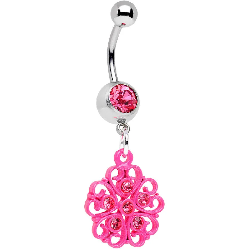 Belly Rings for Women -Pink Gem Swirled Pink Flower Dangle Belly Ring