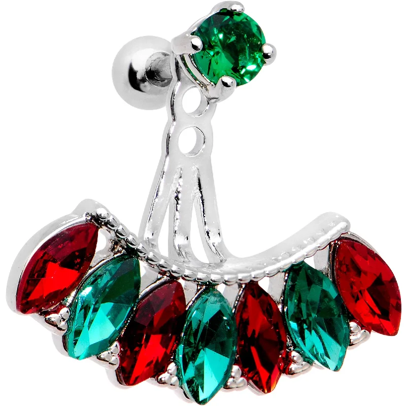Women's Earrings – Elegant Designs for Every Personality--1/4 Red Green Gem Holiday Fan Dangle Cartilage Tragus Piercing