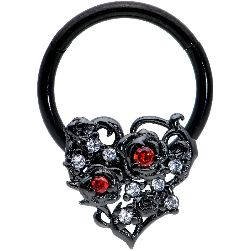 Minimalist Gold Nose Rings -16 Gauge 3/8 Clear Red CZ Gem Black Heart Floral Hinged Segment Ring Minimalist Gold Nose Rings -16 Gauge 3/8 Clear Red CZ Gem Black Heart Floral Hinged Segment Ring