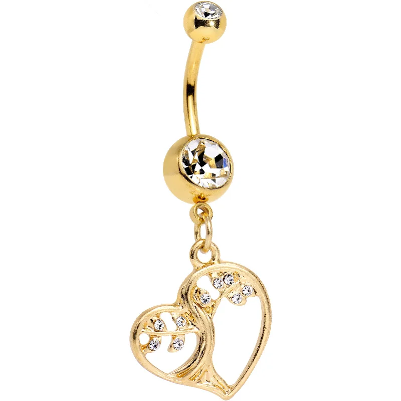 Comfortable Belly Rings with Adjustable Design -Clear Gem Gold Anodized Tree of Life Heart Dangle Belly Ring Comfortable Belly Rings with Adjustable Design -Clear Gem Gold Anodized Tree of Life Heart Dangle Belly Ring