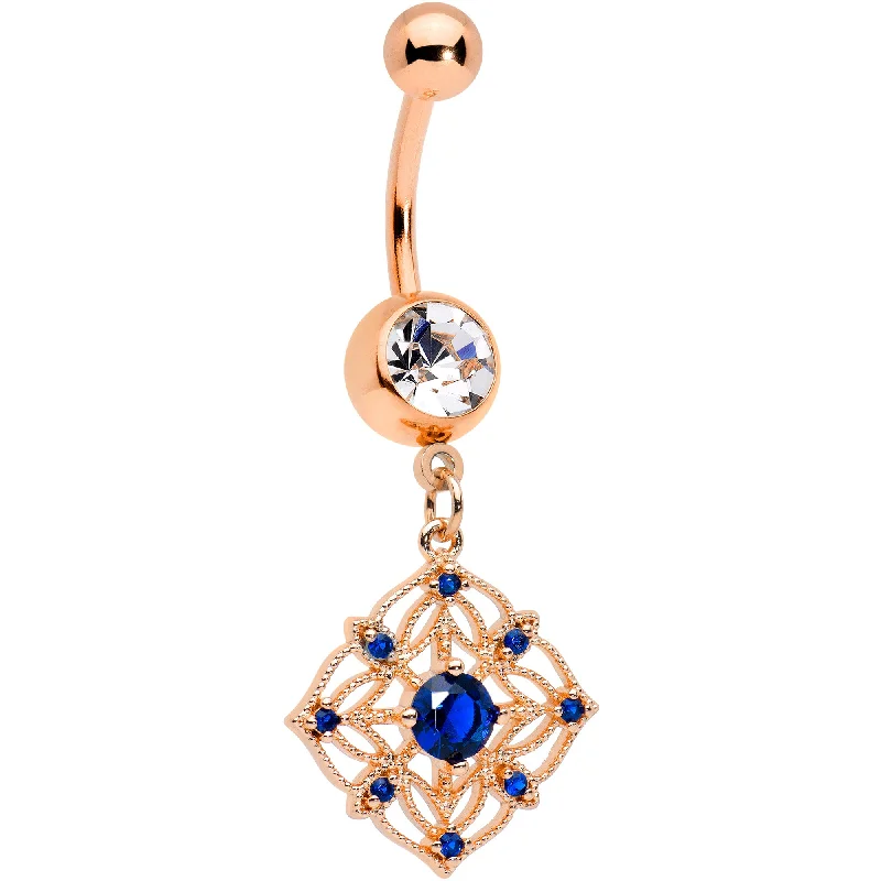 Designer Belly Rings with Sleek Finish -Clear Blue Gem Rose Gold Tone Wicked Web Dangle Belly Ring Designer Belly Rings with Sleek Finish -Clear Blue Gem Rose Gold Tone Wicked Web Dangle Belly Ring