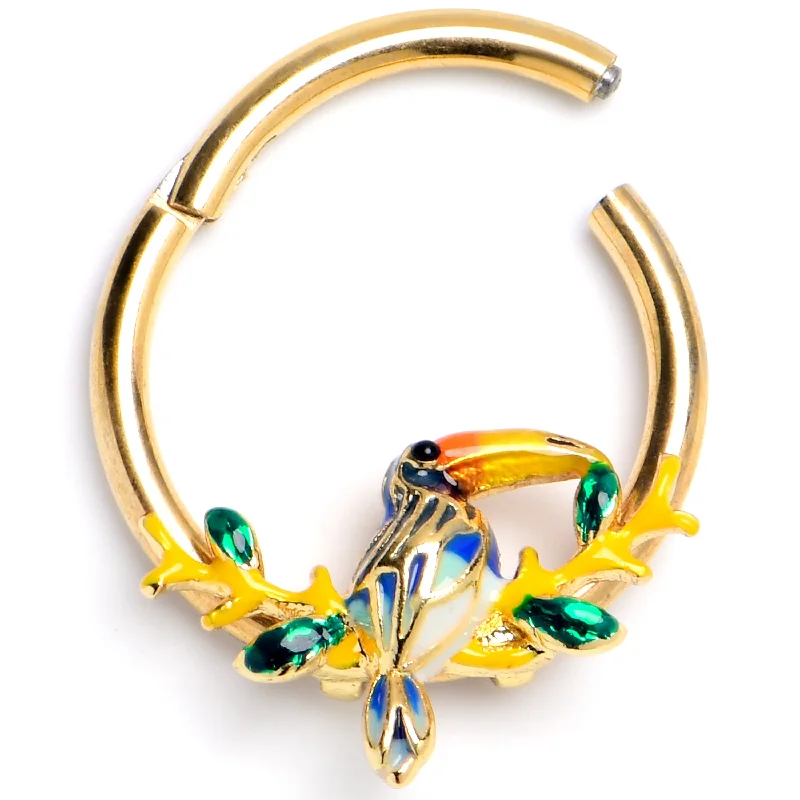Colored Gemstone Nose Rings -16 Gauge 3/8 Green Gem Gold Tone Tropical Toucan Hinged Segment Ring Colored Gemstone Nose Rings -16 Gauge 3/8 Green Gem Gold Tone Tropical Toucan Hinged Segment Ring