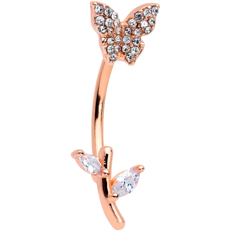 Designer Belly Rings for Fashion-Forward Women -Clear CZ Gem Rose Gold Tone Butterfly Branch Top Mount Belly Ring Designer Belly Rings for Fashion-Forward Women -Clear CZ Gem Rose Gold Tone Butterfly Branch Top Mount Belly Ring