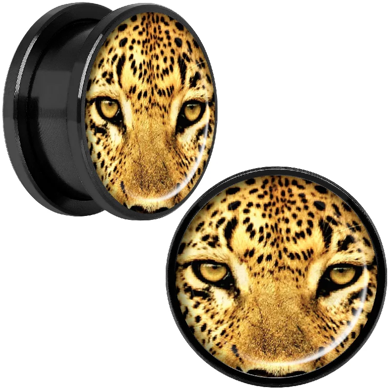 Women's Earrings – Elegant Designs for Every Personality--Full Color Leopard Eyes Black Anodized Screw Fit Plug Set 18mm